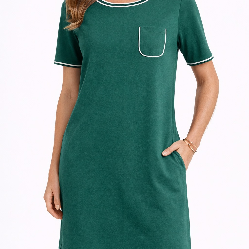 ✨Classic Green Short Sleeve Mini Dress with Contrast Trim